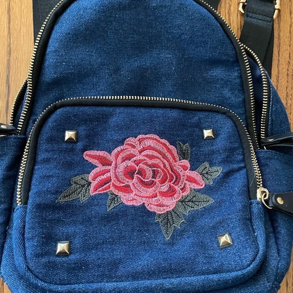 Kiss Me Denim Backpack EUC • Embroidered Rose • Juicy Couture Lips Patch • Cute